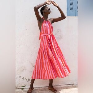 Pink City Prints Julia Midi Dress Bubblegum Stripe Halter Neck Women’s L NEW